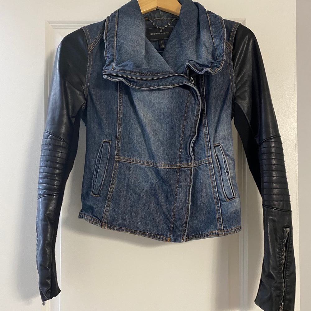 Bcbg maxazria denim and faux leather jacket